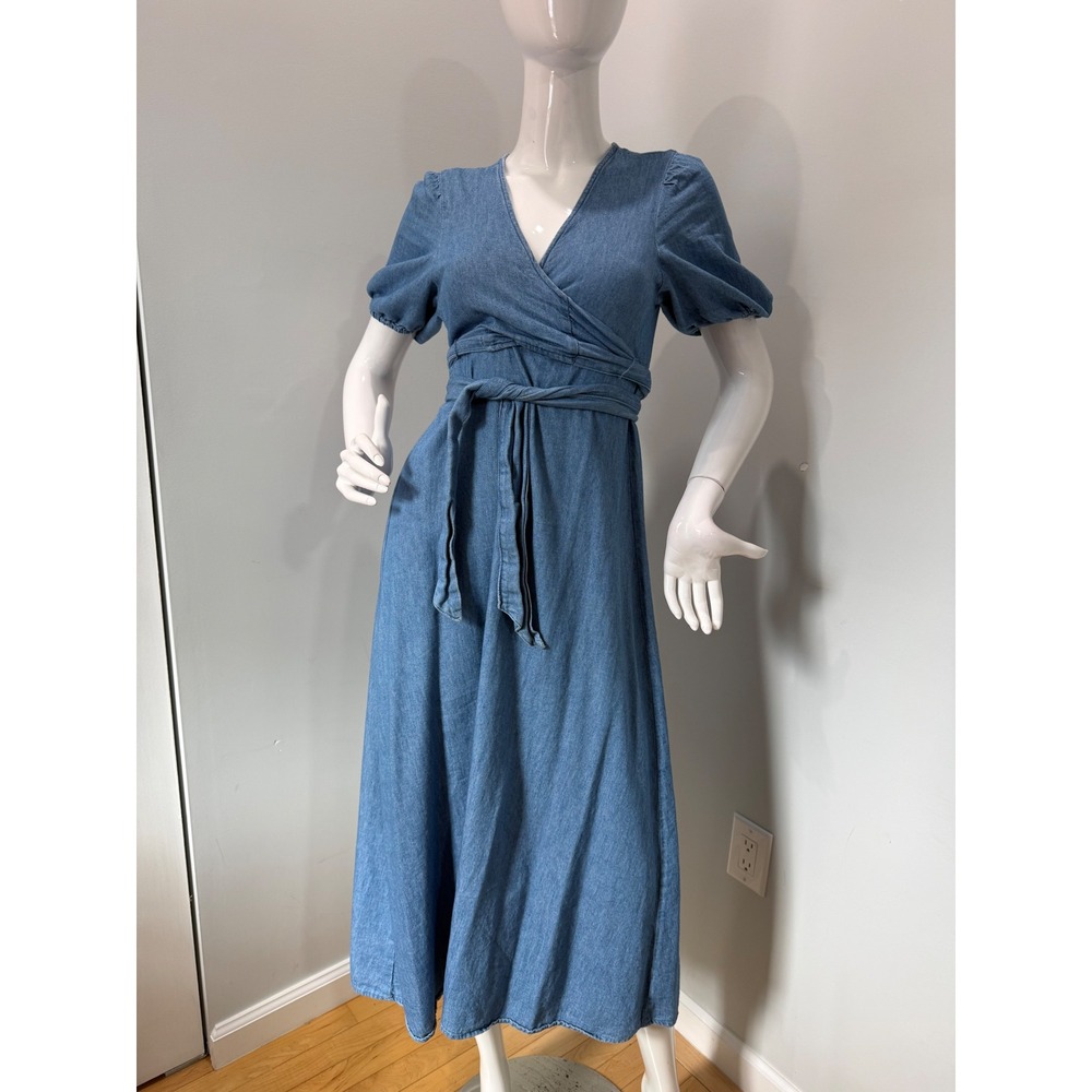Old Navy Chambray Wrap Midi Dress Blue Puff Sleeve Tie Waist 100% Cotton size S - Picture 4 of 11